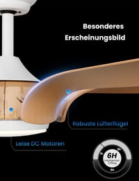 CJOY Stropný ventilátor so svetlom 142 cm, dizajn biele drevo, tiché prúdenie vzduchu, do obývačky a spálne 7