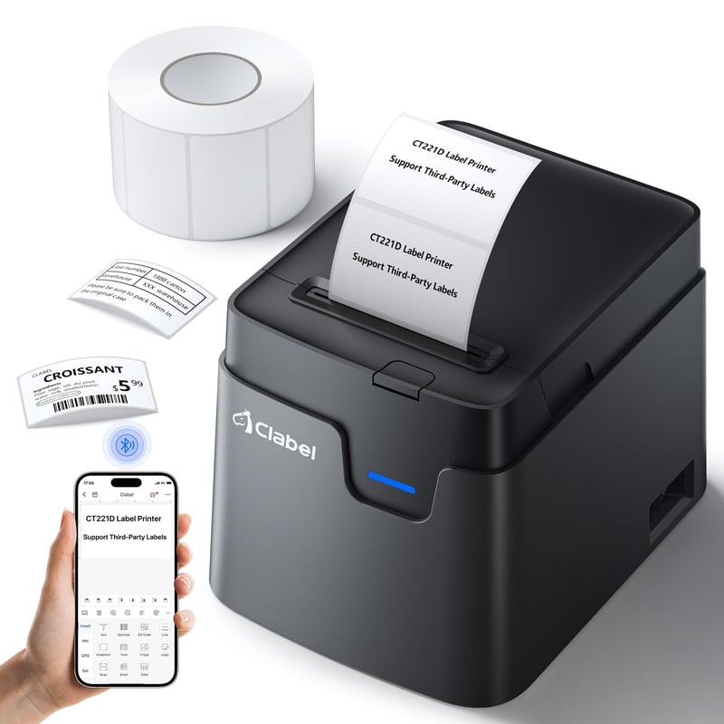 CLABEL 221D Bluetooth termálna tlačiareň štítkov, stolná tlačiareň čiarových kódov kompatibilná s PC a smartfónmi, pre 50 mm samolepiace štítky na kancelárske použitie