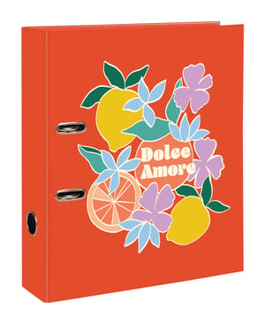 Biblioraft cu inele Clairefontaine Dolce Amore 116276C, A4, model citrice, roșu, 7 cm — copertă zgâriată și cu marginea ruptă (stare: vezi a 2-a poză)