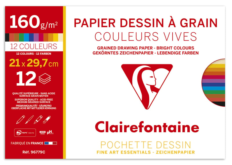 Výkresový papier Clairefontaine Etival Colour A4 160g – 12 listov mix pestrých farieb – Školský výkresový papier so zrnitým povrchom