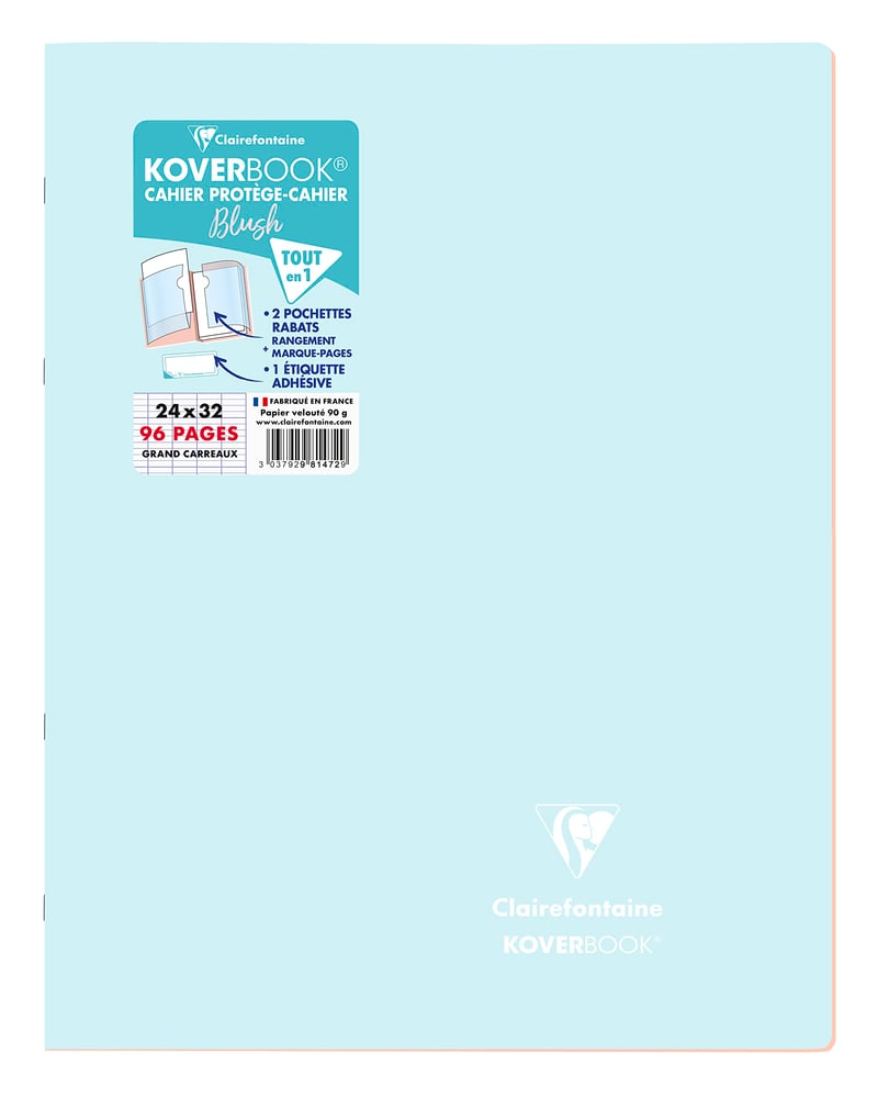 Caiet cu spirală Clairefontaine Koverbook Blush A4+ 24x32 cm, 96 pagini, dictando (pătrățele mari), hârtie albă 90g, cu copertă opacă din polipropilenă, albastru