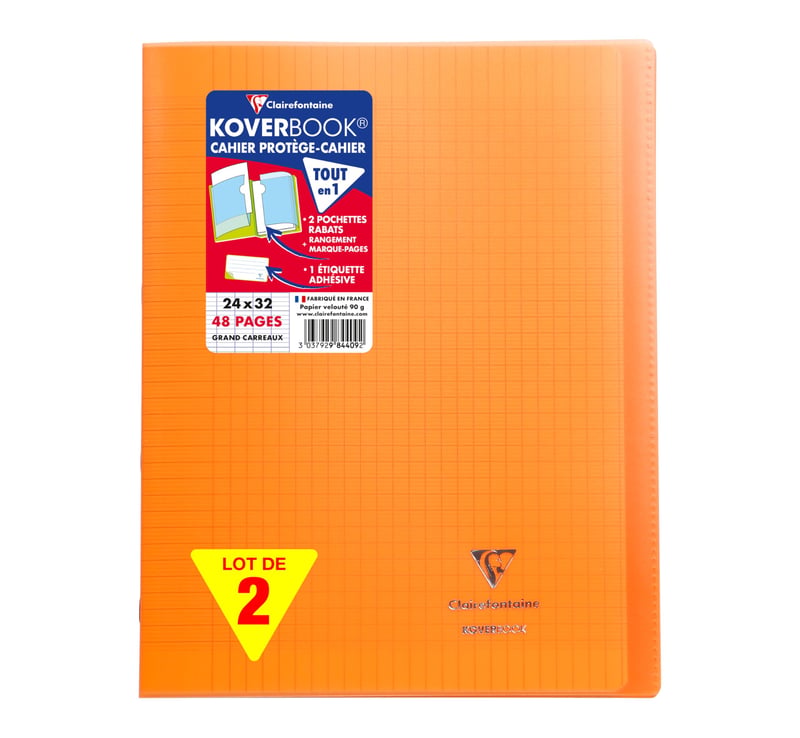 Zošit Clairefontaine Koverbook so šitou väzbou 24x32 cm, 48 strán, štvorčekovaný, 90 g, polypropylénový obal, oranžový, 2 ks