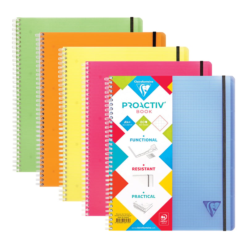 Zošit Clairefontaine Proactiv'Book 328175C A4+, 22,5x29,7 cm, 80 listov, štvorčekovaný s okrajom a hlavičkou, so 4 otvormi do zakladača, PP obal, mix farieb