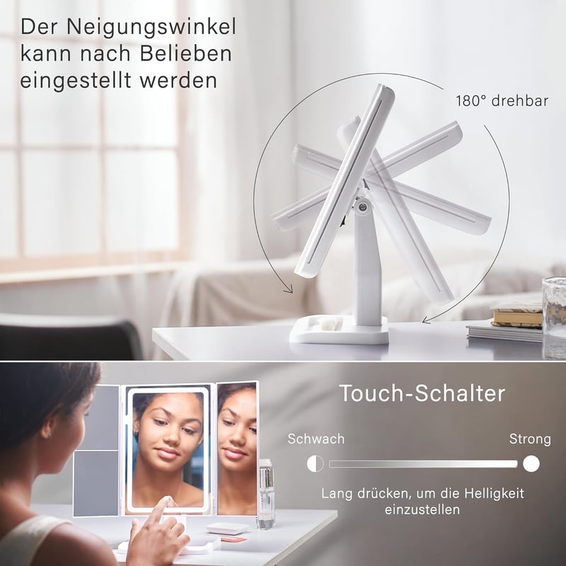 Classmark LED Sminktükör 1X/2X/3X Nagyítással - Fehér Kozmetikai Asztali Tükör Világítással - Állítható Fürdőszobai Sminkező Tükör USB Tölth