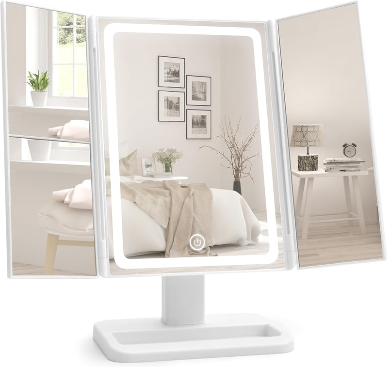 Classmark LED Sminktükör 1X/2X/3X Nagyítással - Fehér Kozmetikai Asztali Tükör Világítással - Állítható Fürdőszobai Sminkező Tükör USB Tölth