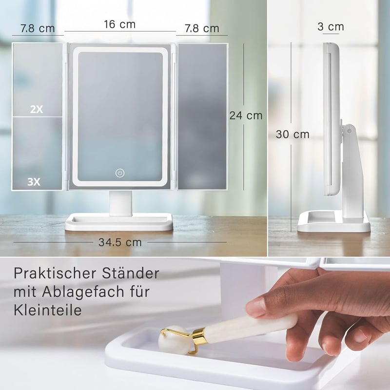 Classmark LED Sminktükör 1X/2X/3X Nagyítással - Fehér Kozmetikai Asztali Tükör Világítással - Állítható Fürdőszobai Sminkező Tükör USB Tölth