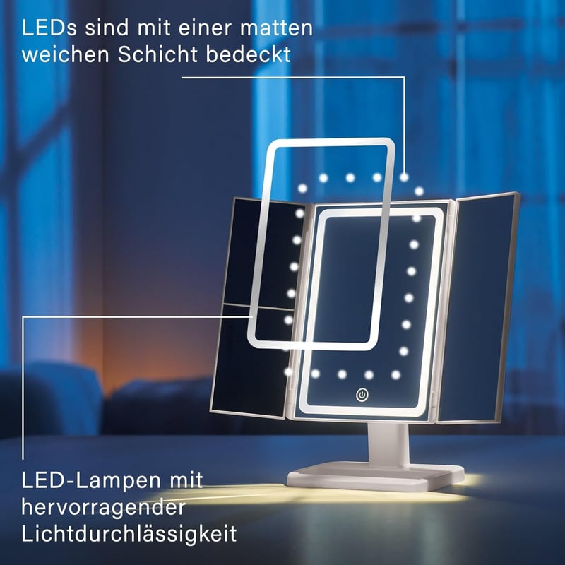 Classmark LED Sminktükör 1X/2X/3X Nagyítással - Fehér Kozmetikai Asztali Tükör Világítással - Állítható Fürdőszobai Sminkező Tükör USB Tölth