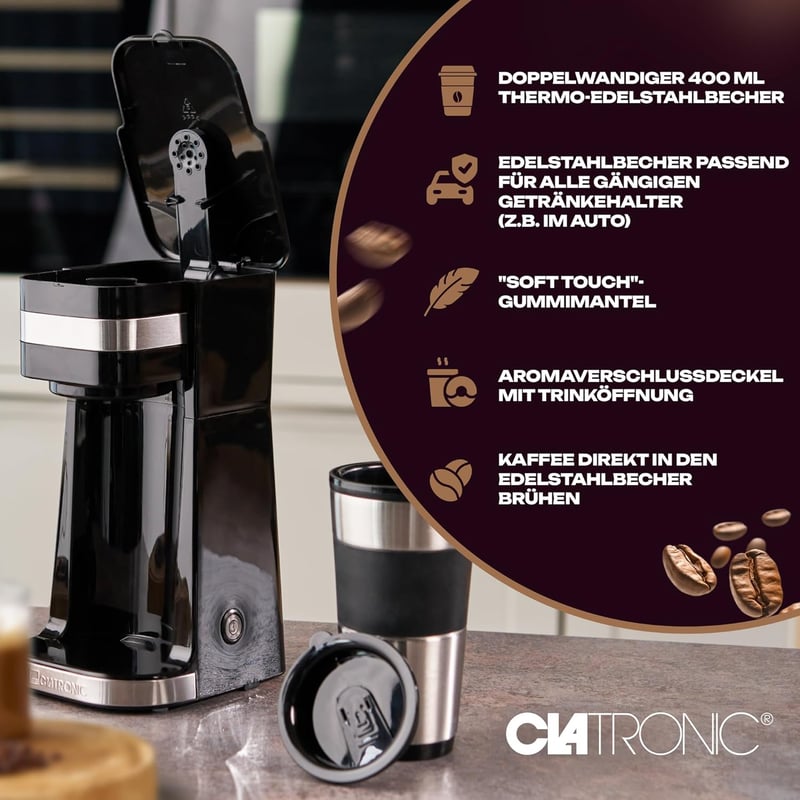 Clatronic KA 3733 egycsésze kávéfőző rozsdamentes bögre és aroma fedéllel