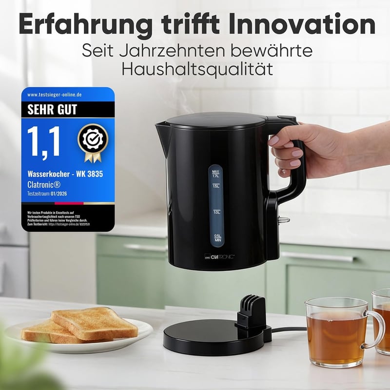 Clatronic WK 3835 1.7L Vízforraló 2200W Gyors Felmelegítés BPA Mentes Fekete