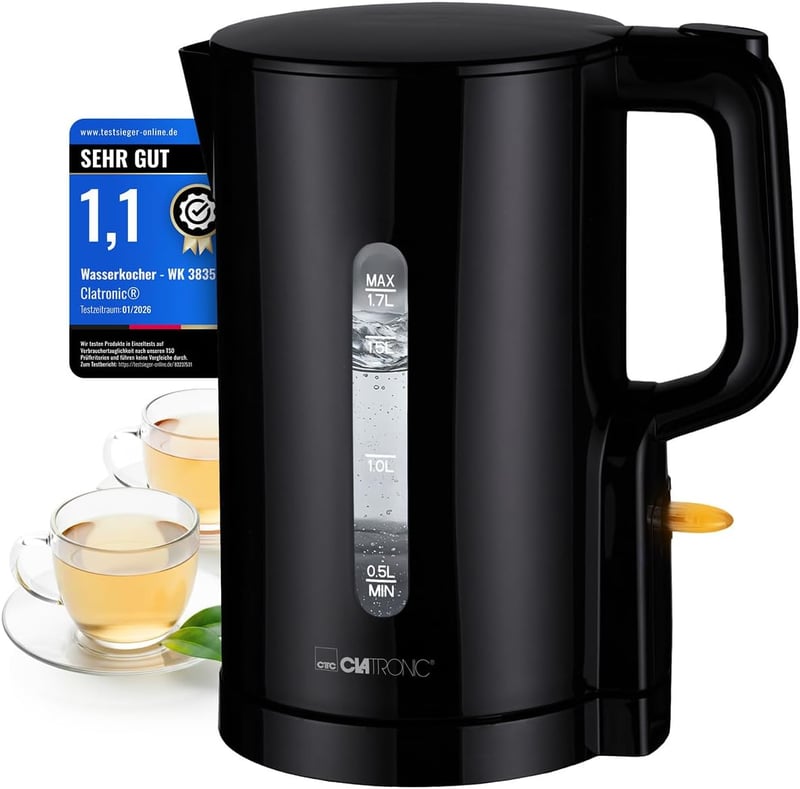 Clatronic WK 3835 1.7L Vízforraló 2200W Gyors Felmelegítés BPA Mentes Fekete