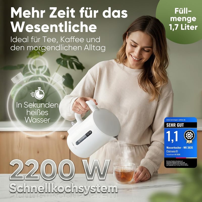 Clatronic WK 3835 1,7L Vízforraló 2200W Gyors Felmelegítés BPA Mentes Fehér