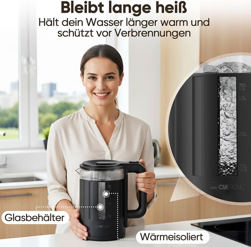 Clatronic WK 3837 üveg vízforraló 1,7 liter BPA mentes egykezes működés