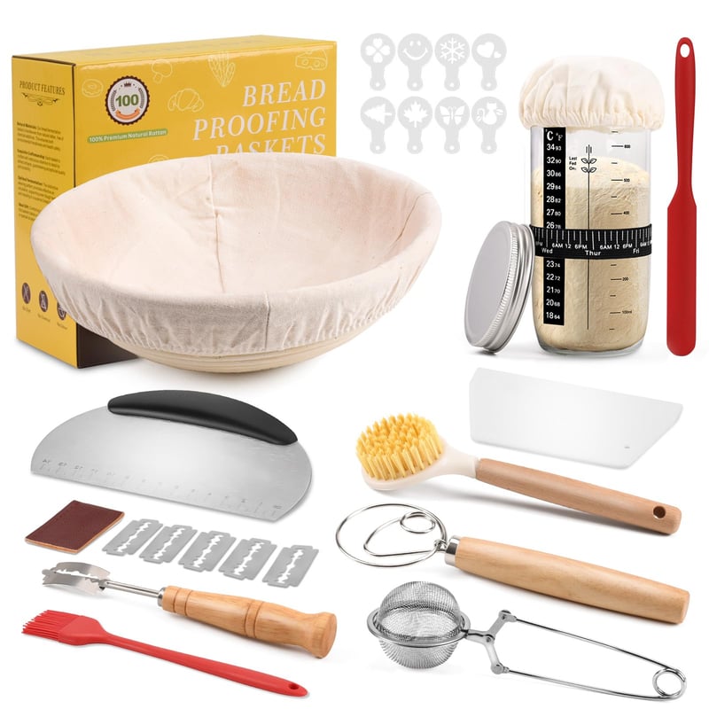 Set de pornire pentru maia cu borcan, coș de dospit rotund de 23 cm și 11 accesorii pentru copt pâine