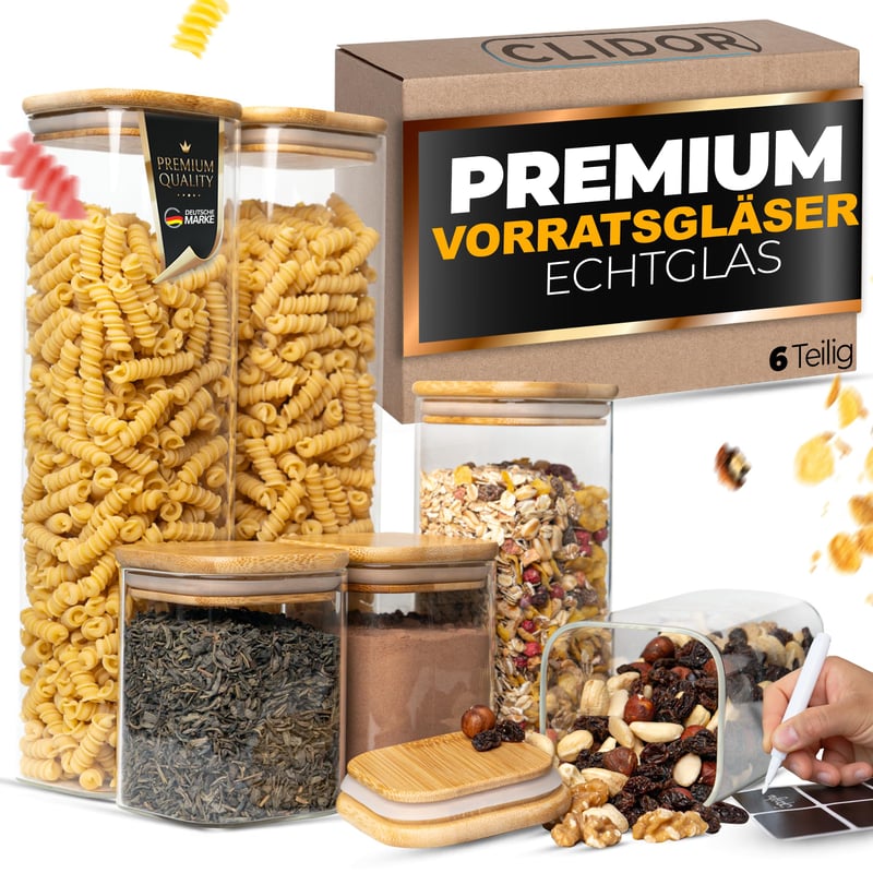 Borcan Pătrat cu Capac CLIDOR – Set de 6 bucăți – Capacitate 5,6 L – Închidere Etanșă, Sticlă Îngroșată – Recipient pentru Depozitarea Alimentelor în Bucătărie