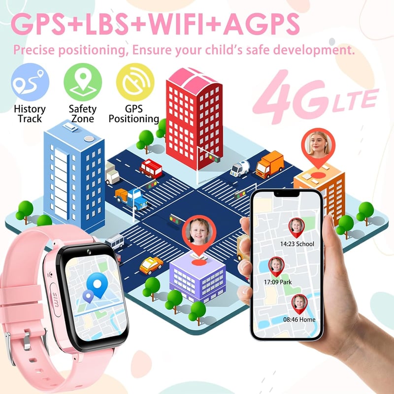 clleylise 4G GPS Okosóra Gyerekeknek - Vízálló IP68, SOS, Hanghívás, Játékok, Érintőképernyő, Rózsaszín Gyerek Okosóra 4-16 Éveseknek