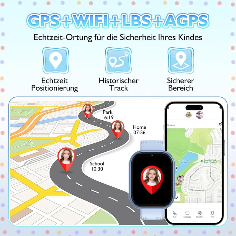 clleylise Gyerek Okosóra GPS-szel és Telefonnal, 4G Smartwatch Hangüzenet SOS IP68 Vízálló Játék Ébresztő Érintőképernyő Fiúknak Lányoknak 4
