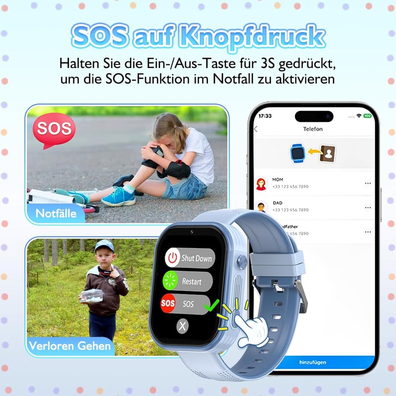 clleylise Gyerek Okosóra GPS-szel és Telefonnal, 4G Smartwatch Hangüzenet SOS IP68 Vízálló Játék Ébresztő Érintőképernyő Fiúknak Lányoknak 4