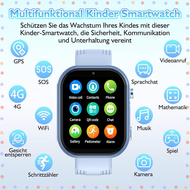 clleylise Gyerek Okosóra GPS-szel és Telefonnal, 4G Smartwatch Hangüzenet SOS IP68 Vízálló Játék Ébresztő Érintőképernyő Fiúknak Lányoknak 4