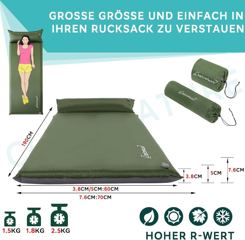Clostnature Önfelfújó Kempingmatrac 3,8 cm - Könnyű Túramatrac Memóriahabbal, Vízálló, Kompakt Hálózsák Alátét Túrázáshoz, Kempingezéshez, H