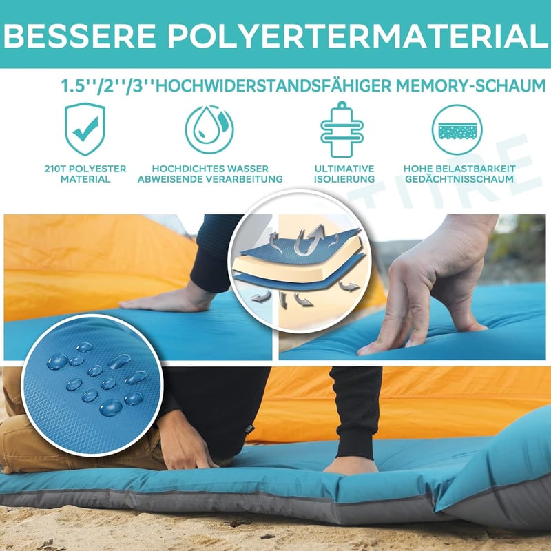 Clostnature Önfelfújó Kempingmatrac 3,8 cm - Könnyű Túramatrac Memóriahabbal, Vízálló, Kompakt Hálózsák Alátét Túrázáshoz, Kempingezéshez, H