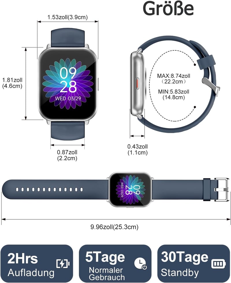Cloudpoem Smartwatch 1.85" HD kijelző Bluetooth hívás fitness tracker 110+ sportmód szívritmus monitor iOS Android - Silver Blue