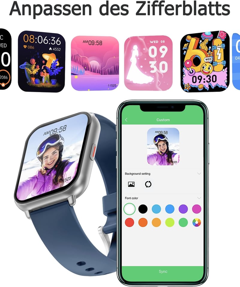 Cloudpoem Smartwatch 1.85" HD kijelző Bluetooth hívás fitness tracker 110+ sportmód szívritmus monitor iOS Android - Silver Blue