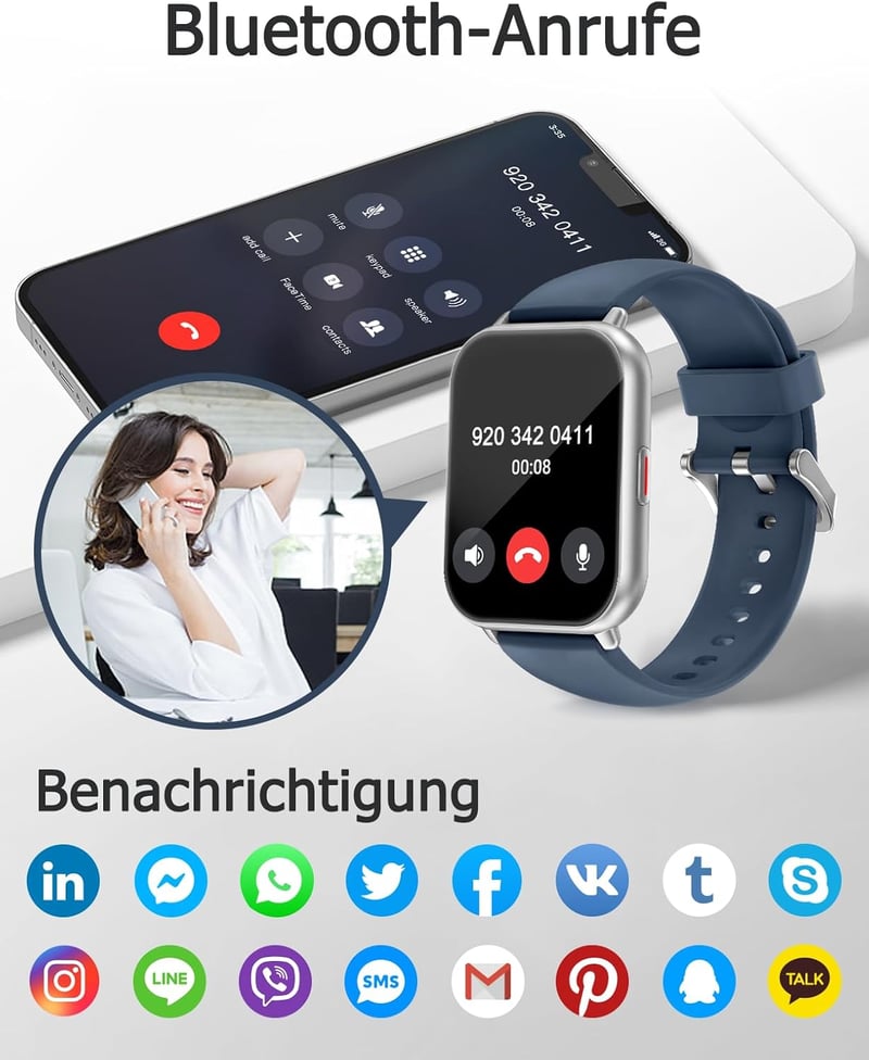 Cloudpoem Smartwatch 1.85" HD kijelző Bluetooth hívás fitness tracker 110+ sportmód szívritmus monitor iOS Android - Silver Blue
