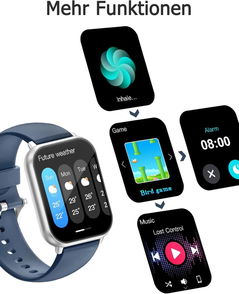 Cloudpoem Smartwatch 1.85" HD kijelző Bluetooth hívás fitness tracker 110+ sportmód szívritmus monitor iOS Android - Silver Blue