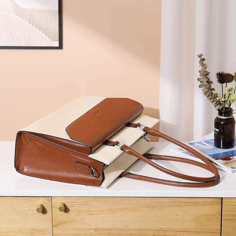CLUCI Vintage Bőr Laptoptáska 15.6" Üzleti Válltáska Krém-Barna Olajozott Bőr Női Táska