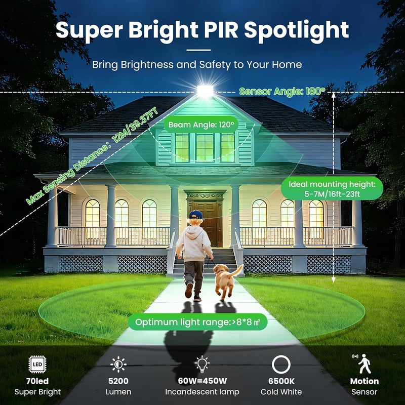 CLY 60 W mozgásérzékelős kültéri LED reflektor 5200 lm 6500 K hideg fehér IP66 vízálló állítható fejjel garázs kert udvar sportpálya