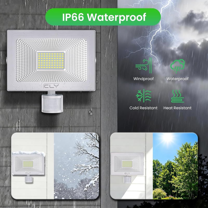 CLY 60 W mozgásérzékelős kültéri LED reflektor 5200 lm 6500 K hideg fehér IP66 vízálló állítható fejjel garázs kert udvar sportpálya