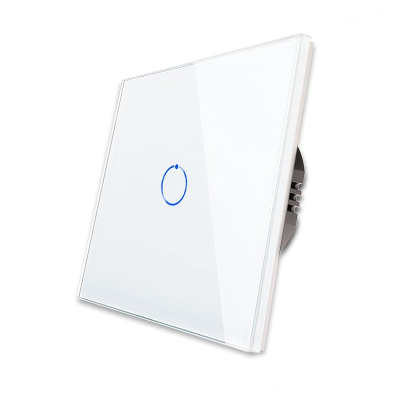Dotykový nástenný vypínač CNBINGO - biely sklenený panel s LED indikátorom stavu - nosnosť 800W - zapustená montáž, 2-cestný
