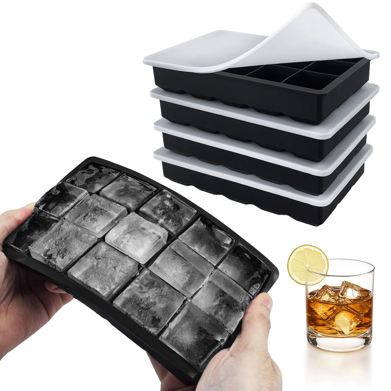 Set 4 Forme Silicon pentru Cuburi de Gheață CNMTCCO cu Capac, Tăvițe pentru Gheață cu 60 de Compartimente, Forme pentru Whisky și Cocktailuri, Fără BPA, Negru