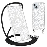 Husă Coalbooliy pentru iPhone 15 6,1", transparentă cu model de leopard, compatibilă cu MagSafe, cu șnur și lanț pentru gât, protecție cameră 06 1