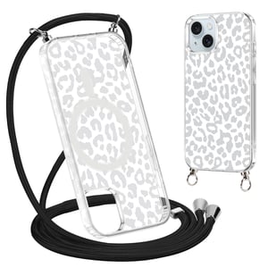 Husă Coalbooliy pentru iPhone 15 (6,1") cu model leopard transparent, compatibilă cu MagSafe și cu șnur pentru gât — suprafață zgâriată (stare: vezi a 2-a poză)
