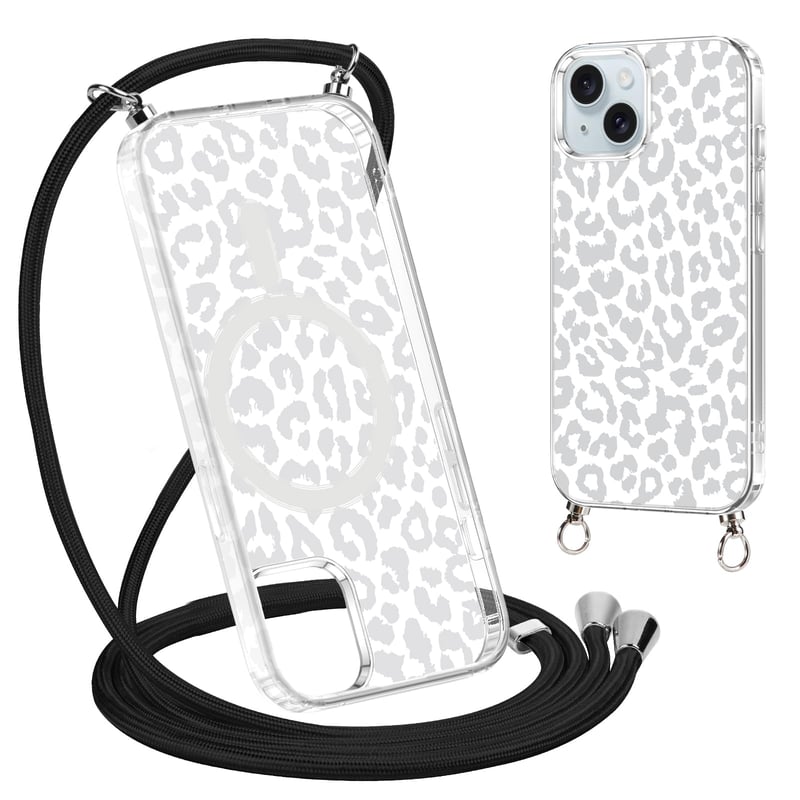 Husă Coalbooliy pentru iPhone 15 6,1", transparentă cu model de leopard, compatibilă cu MagSafe, cu șnur și lanț pentru gât, protecție cameră 06