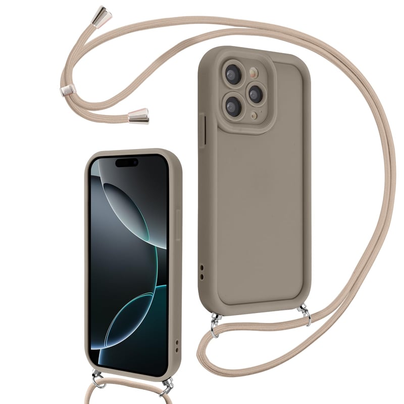 Obal na iPhone 16 Pro Coalbooliy 6,3-palcový, khaki silikónové puzdro na telefón s remienkom na krk a ochranou fotoaparátu, nárazuvzdorné, pre dievčatá a ženy