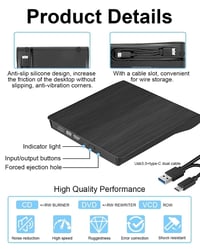 Unitate DVD/CD externă coalwop cu conector USB 3.0 și USB-C, cititor-scriitor DVD+/-RW portabil, compatibil cu Windows 11/10/8/7/XP/Vista/Linux/Mac OS, Plug and Play 4