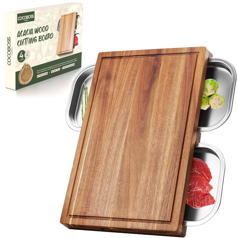 COCOBOSS Krájacia doska s podnosom na omrvinky 44,5x30x6 cm, akáciová krájacia doska s 3 zbernými miskami, veľká drevená kuchynská doska
