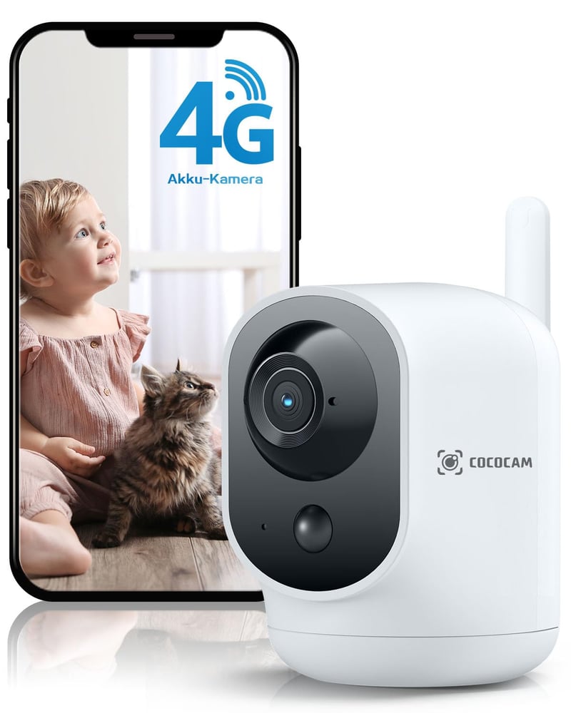 Vnútorná bezpečnostná kamera COCOCAM 4G so SIM kartou, 6000 mAh batériou, 2K rozlíšením, 355° rotáciou, IR nočným videním, PIR senzorom pohybu, kompatibilná s Alexa, bez potreby WiFi, biela
