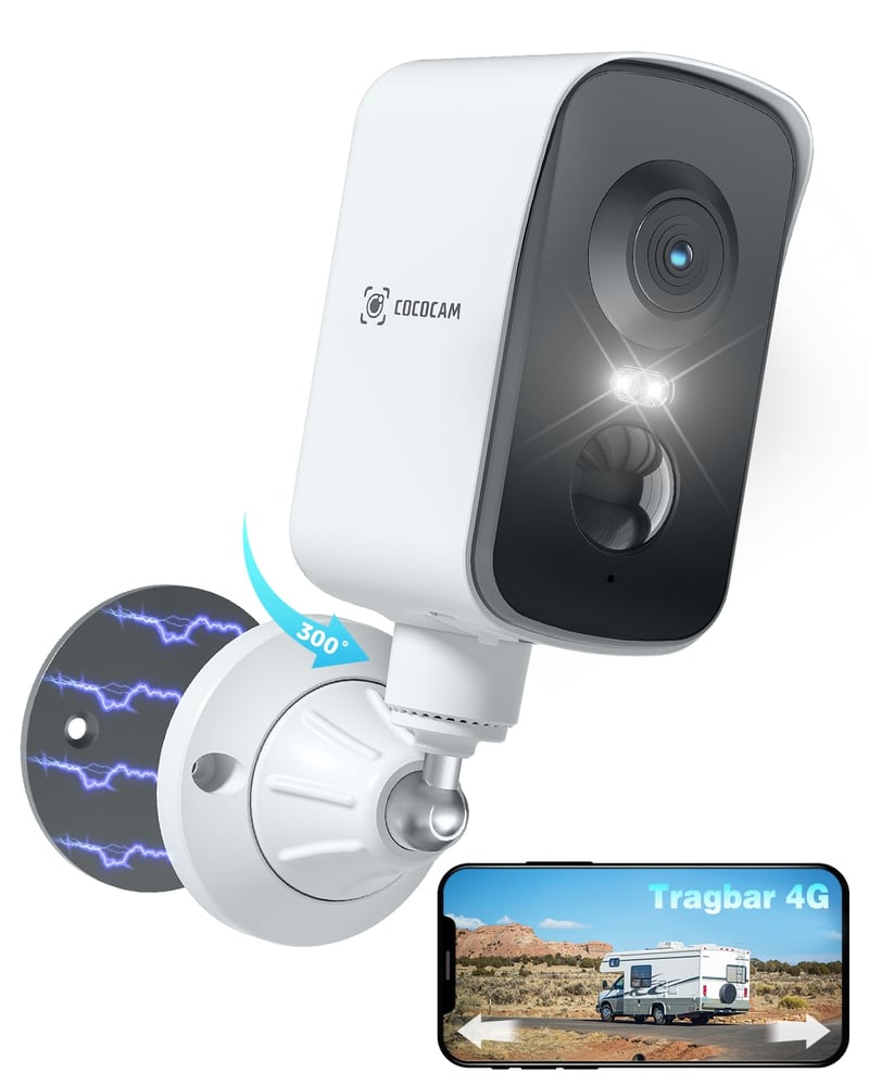 COCOCAM 4G Prenosná magnetická bezpečnostná kamera so SIM kartou, rozlíšenie 2K, batéria 10000 mAh, PIR snímač pohybu, IP66, rotácia 300°, biela