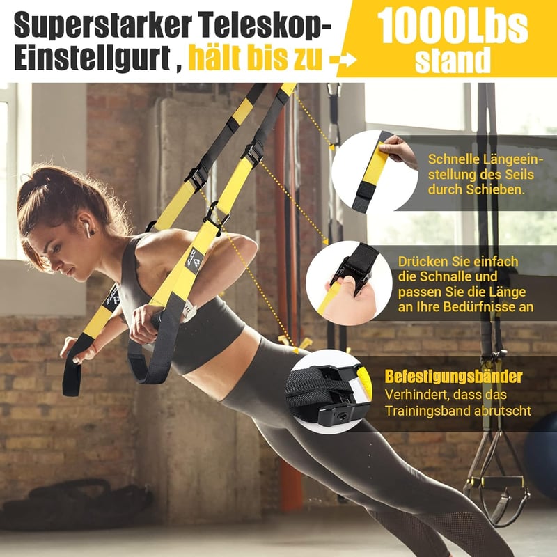 COFOF Sling Trainer Edzőheveder - Teljes Test Edzés Otthon, Ajtórögzítővel, Hordozható Edzőszett Edzéstervvel, 500kg Teherbírás, Sárga - Yellow
