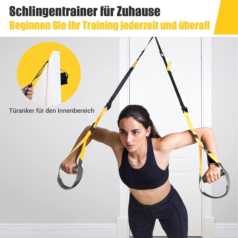 COFOF Sling Trainer Edzőheveder - Teljes Test Edzés Otthon, Ajtórögzítővel, Hordozható Edzőszett Edzéstervvel, 500kg Teherbírás, Sárga - Yellow