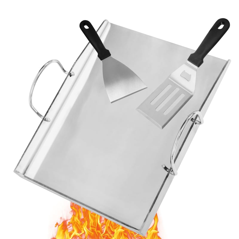 COGRICHBF Univerzálna nerezová grilovacia platňa Plancha s 2 obracačkami, 40x30 cm, hrúbka 4 mm, príslušenstvo pre plynové a grily na drevené uhlie Weber, Enders, Burnhard