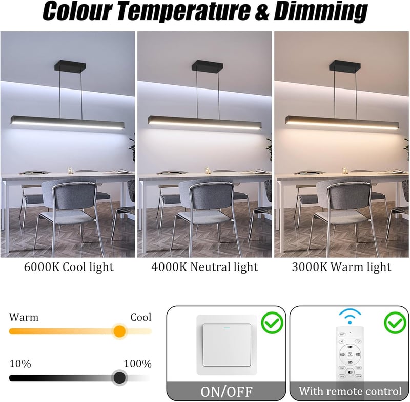 Coinmit LED Függőlámpa  100 cm -36W - Távirányítós Mennyezeti Lámpa 3000K-6000K Állítható Színhőmérséklettel,Modern Fekete Csillár Nappaliba,