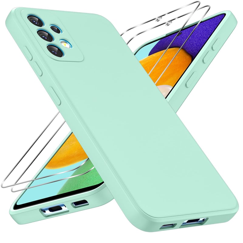Coiwxmoi puzdro na Samsung Galaxy A52 4G / A52 5G / A52S 5G 6,5" s 2 ks tvrdených skiel, ultra tenký tekutý silikónový kryt z TPU, nárazuvzdorný, odolný voči poškriabaniu, svetlozelený