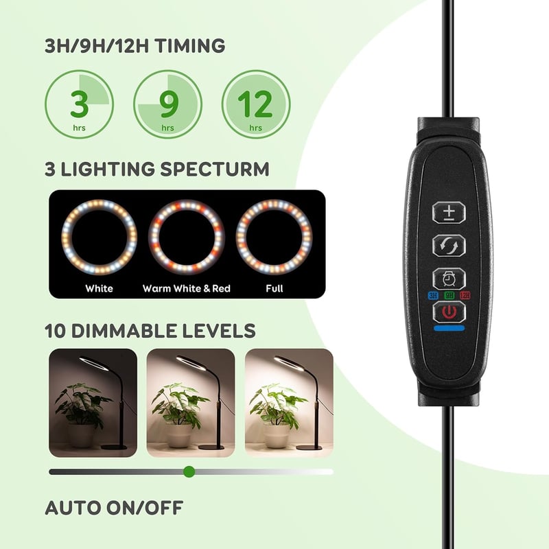 COKOLILA 80 LED növénylámpa teljes spektrum, 360° forgatható, időzítővel - One Head Desk Plant Lamp