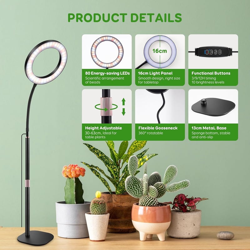 COKOLILA 80 LED növénylámpa teljes spektrum, 360° forgatható, időzítővel - One Head Desk Plant Lamp