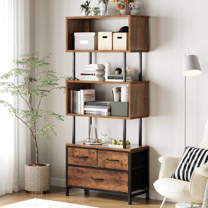 Bibliotecă îngustă cu 5 niveluri Coleshome cu 3 sertare, raft vertical, stil vintage