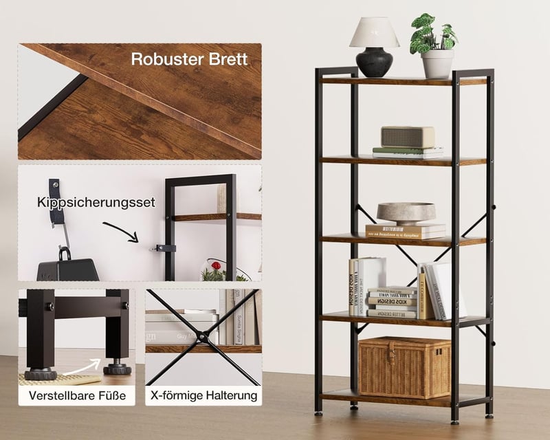 Coleshome 5 szintes könyvespolc tárolóhellyel, 145 cm magas, barna
